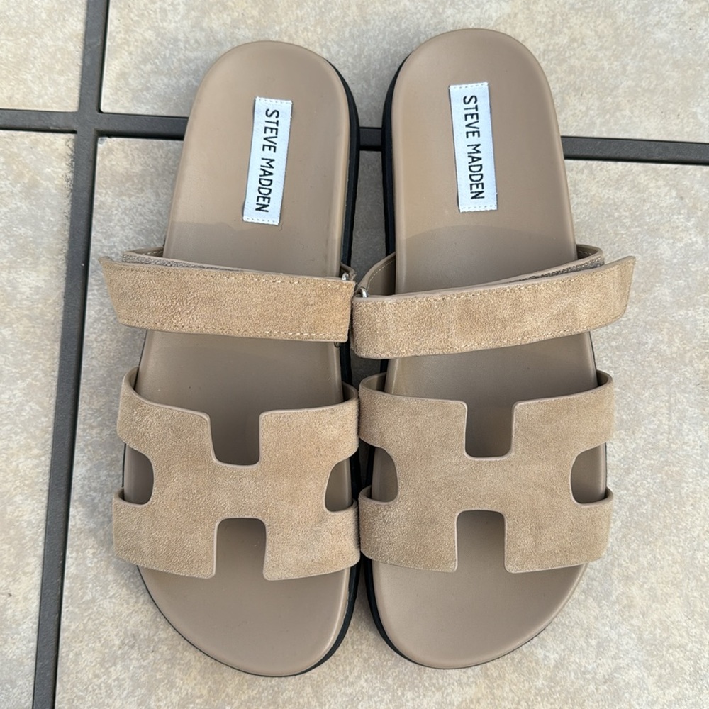 STEVE MADDEN Mayhem Slide Sandals Taupe Suede Women’s Size 10 Tan Brown Leather
